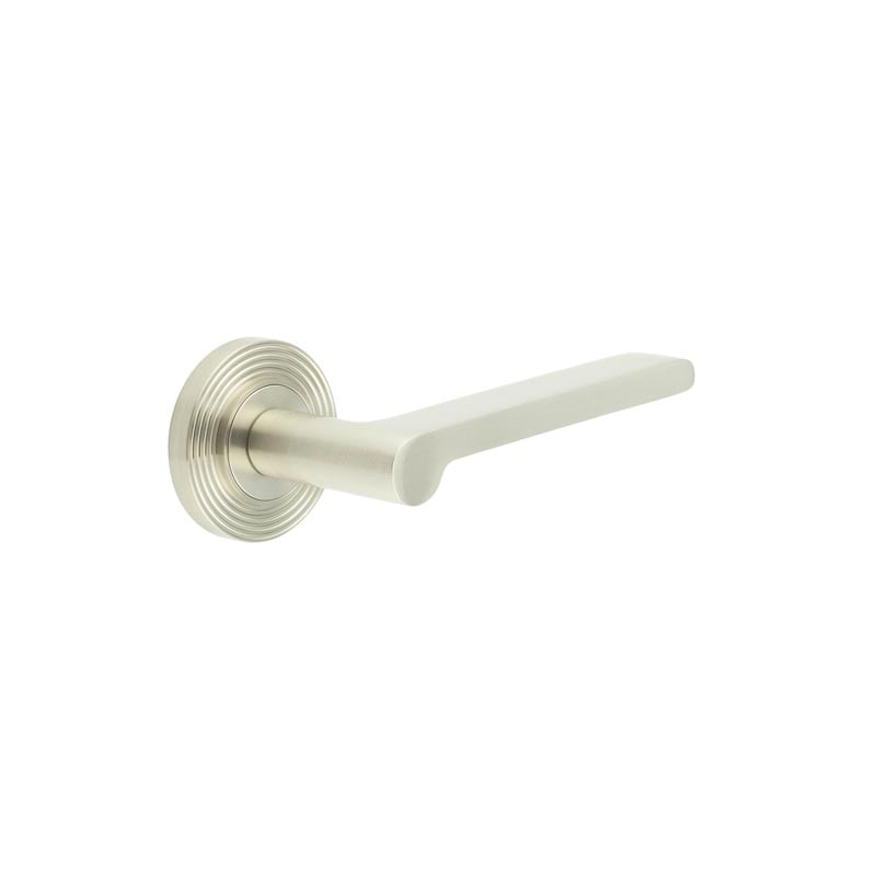 This is an image showing the Frelan - Fitzrovia Door Handles Reeded Rose Satin Nickel available to order from Trade Door Handles in Kendal