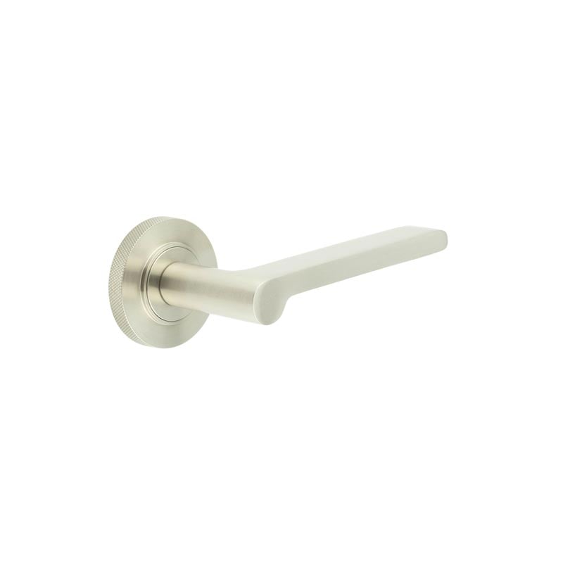 This is an image showing the Frelan - Fitzrovia Door Handles Knurled Rose Satin Nickel available to order from Trade Door Handles in Kendal