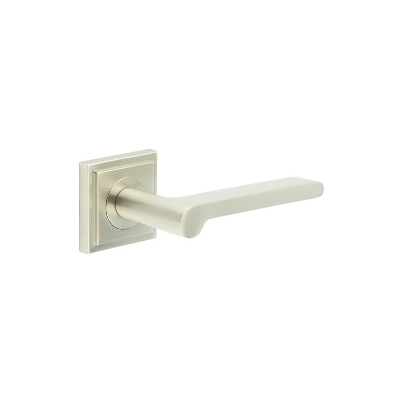 This is an image showing the Frelan - Fitzrovia Door Handles Square Stepped Rose Satin Nickel available to order from Trade Door Handles in Kendal