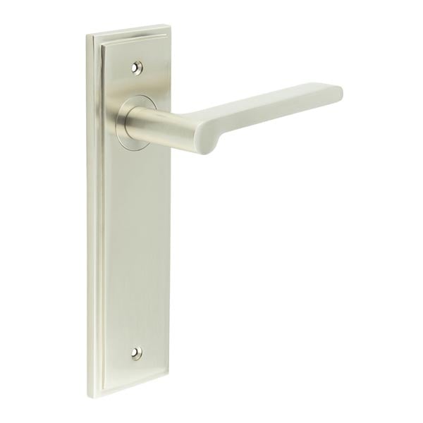 This is an image showing the Frelan - Fitzrovia Door Handle Latch Backplate Satin Nickel available to order from Trade Door Handles in Kendal