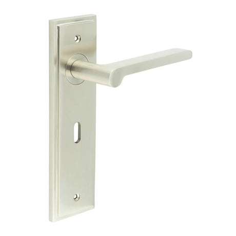 This is an image showing the Frelan - Fitzrovia Door Handle Lock Backplate Satin Nickel available to order from Trade Door Handles in Kendal