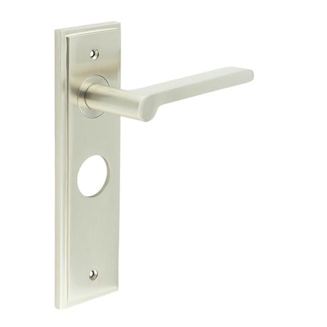 This is an image showing the Frelan - Fitzrovia Door Handle Bathroom Backplate Satin Nickel available to order from Trade Door Handles in Kendal