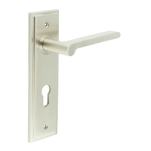 This is an image showing the Frelan - Fitzrovia Door Handle Din Euro Backplate Satin Nickel available to order from Trade Door Handles in Kendal