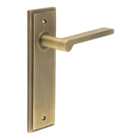 This is an image showing the Frelan - Fitzrovia Door Handle Latch Backplate Antique Brass available to order from Trade Door Handles in Kendal