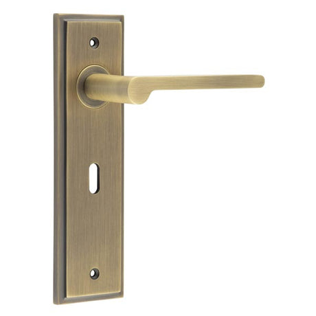 High quality image of Burlington - Fitzrovia Door Handle Lock Backplate Antique Brass Sku. BUR15KIT9
