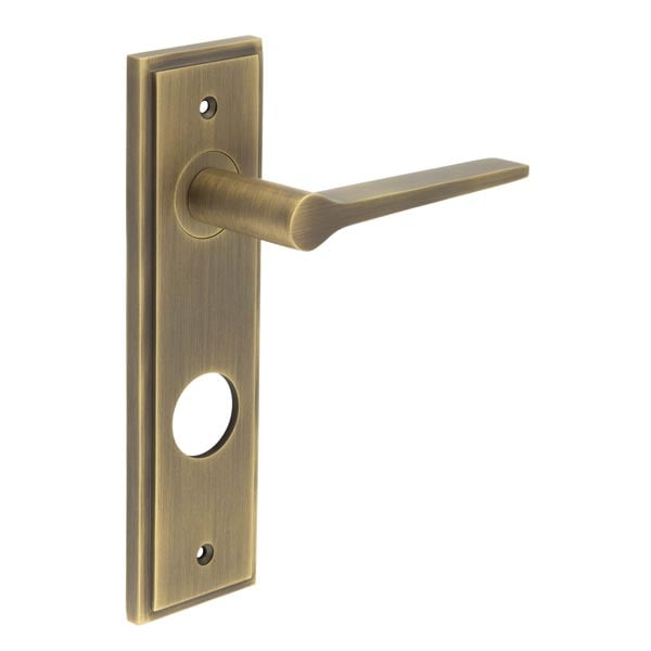 This is an image showing the Frelan - Knightbridge Door Handle Din Bathroom Backplate Antique Brass available to order from Trade Door Handles in Kendal