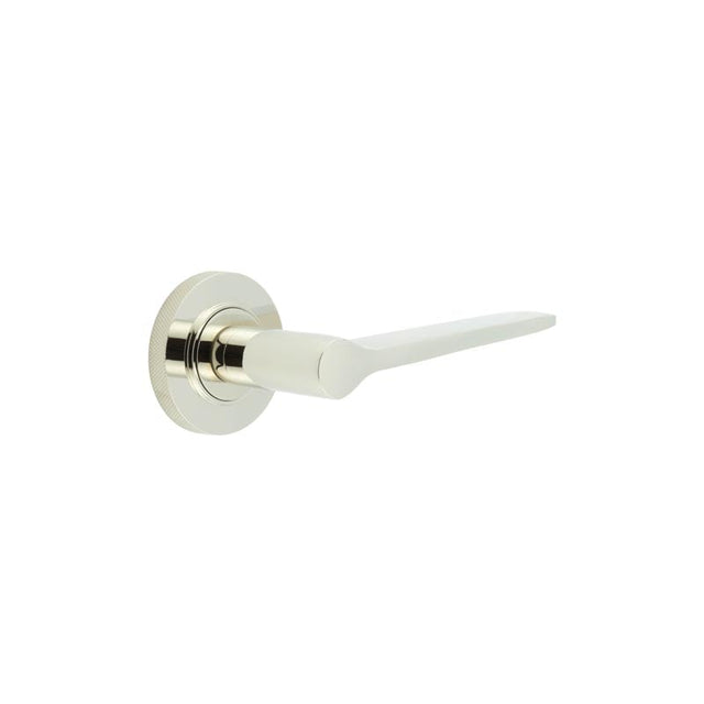 This is an image showing the Frelan - Knightsbridge Door Handle on Knurled Rose Polished Nickel available to order from Trade Door Handles in Kendal