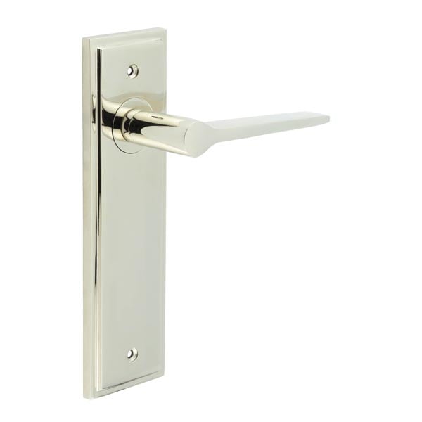 This is an image showing the Frelan - Knightbridge Door Handle Latch Backplate Polished Nickel available to order from Trade Door Handles in Kendal