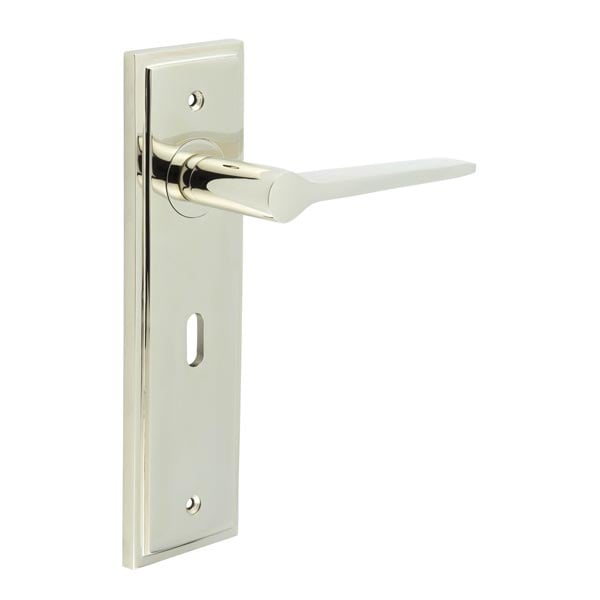 This is an image showing the Frelan - Knightbridge Door Handle Lock Backplate Polished Nickel available to order from Trade Door Handles in Kendal