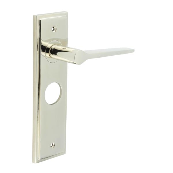 This is an image showing the Frelan - Knightbridge Door Handle Bathroom Backplate Polished Nickel available to order from Trade Door Handles in Kendal