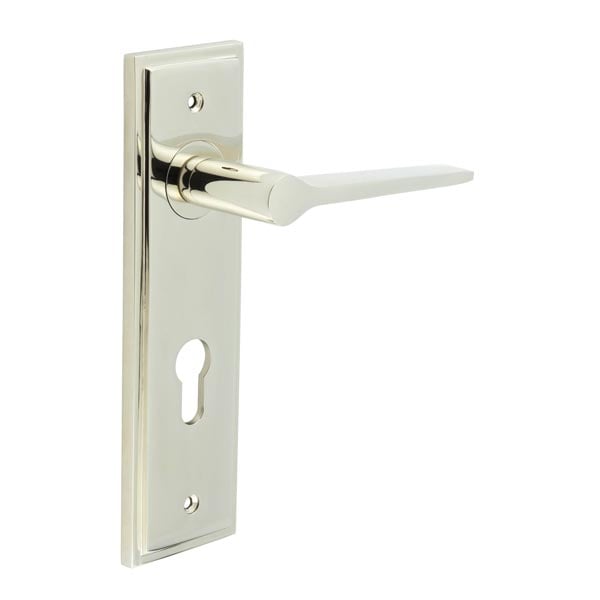 This is an image showing the Frelan - Knightbridge Door Handle Din Euro Backplate Polished Nickel available to order from Trade Door Handles in Kendal