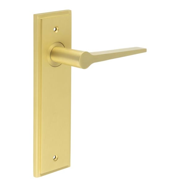 This is an image showing the Frelan - Knightbridge Door Handle Latch Backplate Satin Brass available to order from Trade Door Handles in Kendal