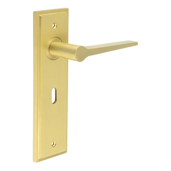 High quality image of Burlington - Knightbridge Door Handle Lock Backplate Satin Brass Sku. BUR20KIT243