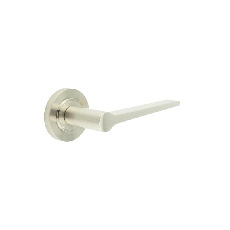 This is an image showing the Frelan - Knightsbridge Door Handle on Chamfered Rose Satin Nickel available to order from Trade Door Handles in Kendal