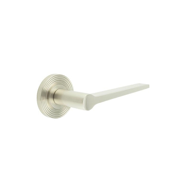 This is an image showing the Frelan - Knightsbridge Door Handle on Reeded Rose Satin Nickel available to order from Trade Door Handles in Kendal