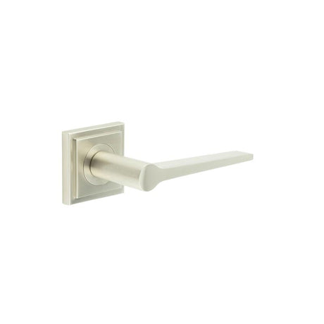 This is an image showing the Frelan - Knightsbridge Door Handle on Square Stepped Rose Satin Nickel available to order from Trade Door Handles in Kendal