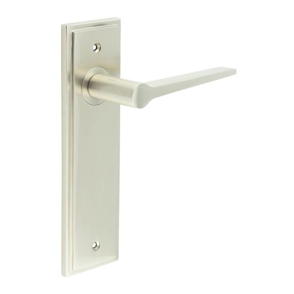 This is an image showing the Frelan - Knightbridge Door Handle Latch Backplate Satin Nickel available to order from Trade Door Handles in Kendal