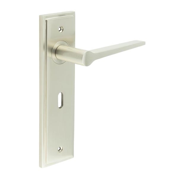 High quality image of Burlington - Knightbridge Door Handle Lock Backplate Satin Nickel Sku. BUR20KIT321