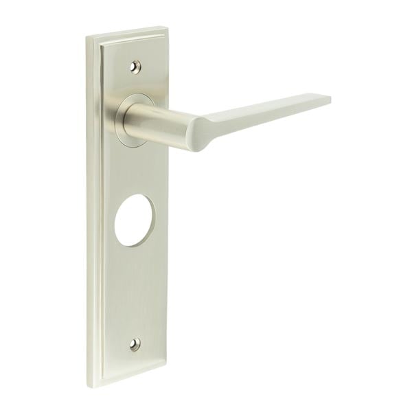 This is an image showing the Frelan - Knightbridge Door Handle Bathroom Backplate Satin Nickel available to order from Trade Door Handles in Kendal