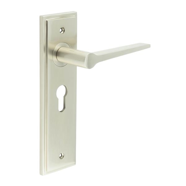 This is an image showing the Frelan - Knightbridge Door Handle Euro Backplate Satin Nickel available to order from Trade Door Handles in Kendal