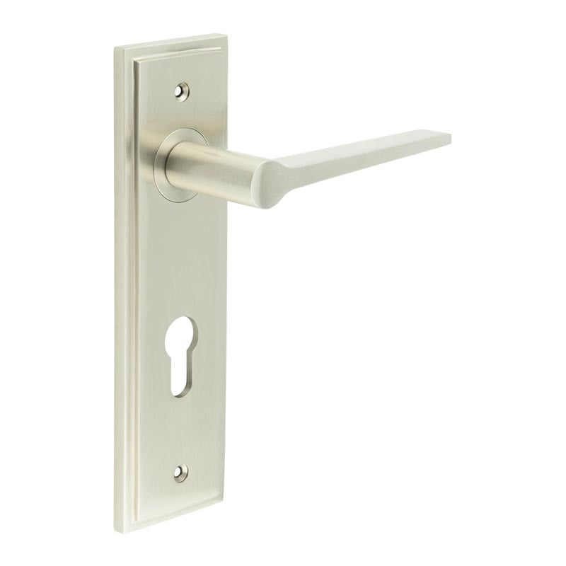 This is an image showing the Frelan - Knightbridge Door Handle Din Euro Backplate Satin Nickel available to order from Trade Door Handles in Kendal