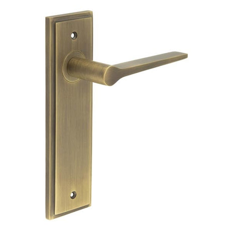 This is an image showing the Frelan - Knightbridge Door Handle Latch Backplate Antique Brass available to order from Trade Door Handles in Kendal