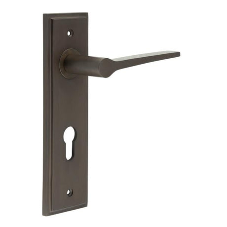 This is an image showing the Frelan - Knightbridge Door Handle Din Euro Backplate Dark Bronze available to order from Trade Door Handles in Kendal