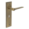 This is an image showing the Frelan - Knightbridge Door Handle Lock Backplate Antique Brass available to order from Trade Door Handles in Kendal