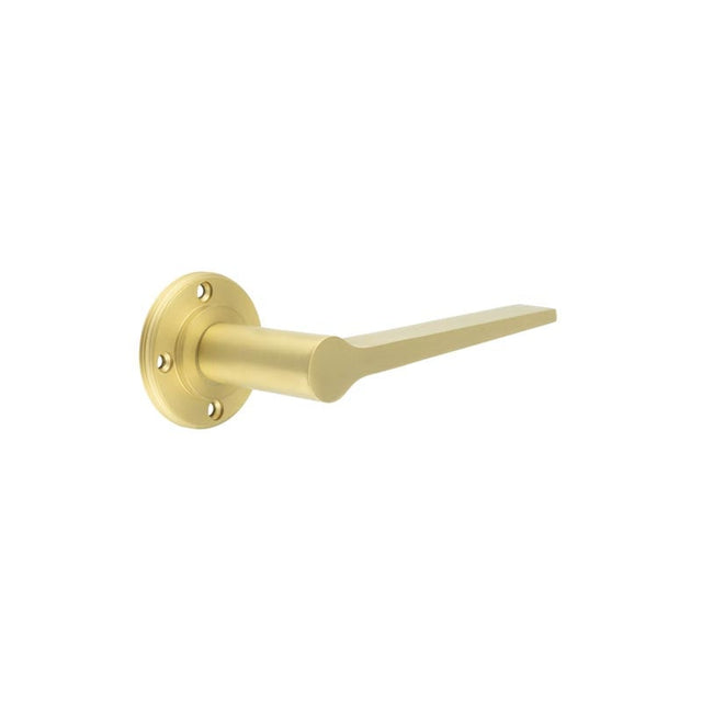 This is an image showing the Burlington - Knightsbridge lever on rose - Satin Brass available to order from Trade Door Handles in Kendal