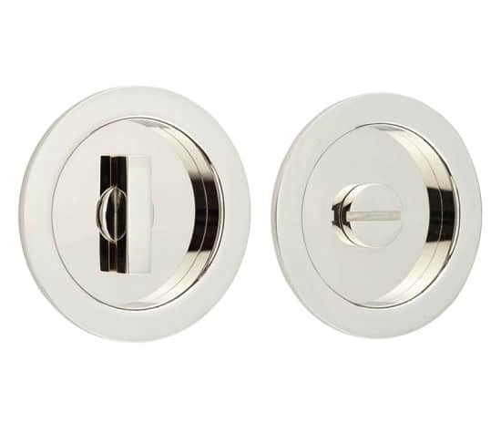 This is an image showing the Burlington - 65x12x3mm PN round concealed WC flush pull set available to order from Trade Door Handles in Kendal