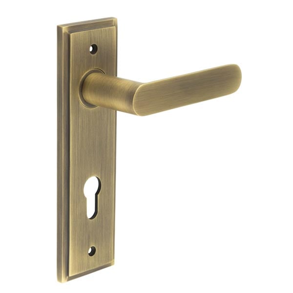 This is an image showing the Frelan - Kensington Door Handle Din Euro Backplate Antique Brass available to order from Trade Door Handles in Kendal