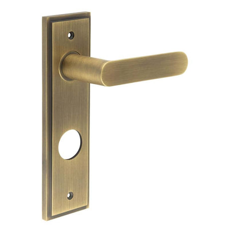 This is an image showing the Frelan - Kensington Door Handle Din Bathroom Backplate Antique Brass available to order from Trade Door Handles in Kendal