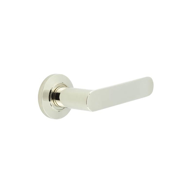 This is an image showing the Frelan - Kensington Door Handles Chamfered Rose Polished Nickel available to order from Trade Door Handles in Kendal