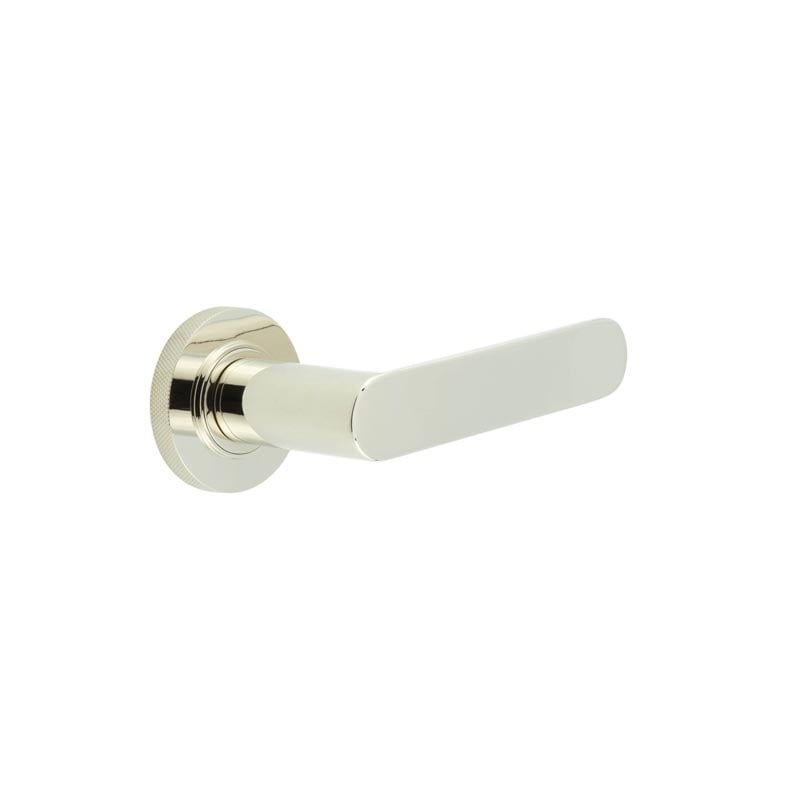 This is an image showing the Frelan - Kensington Door Handles Knurled Rose Polished Nickel available to order from Trade Door Handles in Kendal