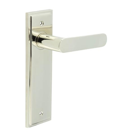 High quality image of Burlington - Kensington Door Handle Latch Backplate Polished Nickel Sku. BUR25KIT164