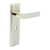 High quality image of Burlington - Kensington Door Handle Lock Backplate Polished Nickel Sku. BUR25KIT165