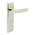 This is an image showing the Frelan - Kensington Door Handle Lock Backplate Polished Nickel available to order from Trade Door Handles in Kendal