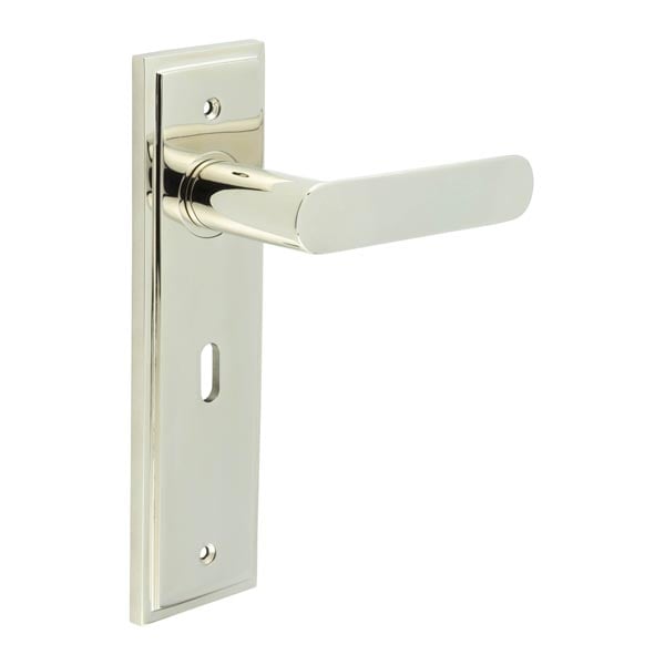 This is an image showing the Frelan - Kensington Door Handle Lock Backplate Polished Nickel available to order from Trade Door Handles in Kendal