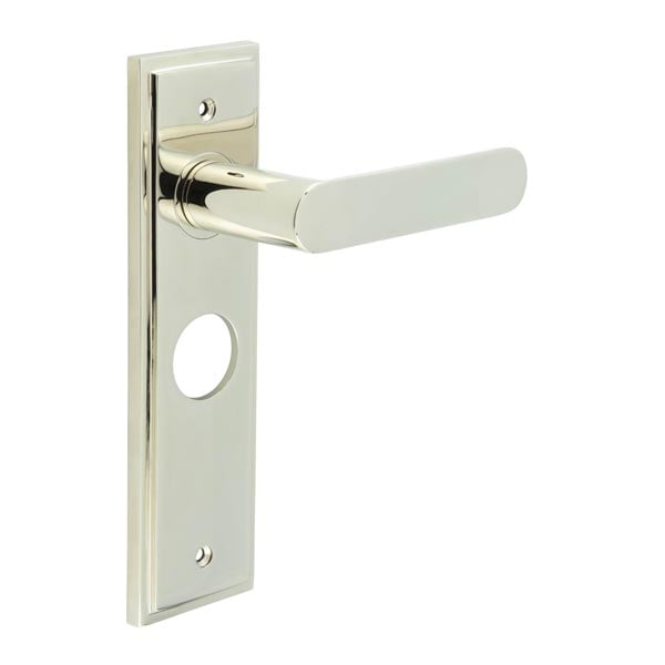 High quality image of Burlington - Kensington Door Handle Bathroom Backplate Polished Nickel Sku. BUR25KIT166