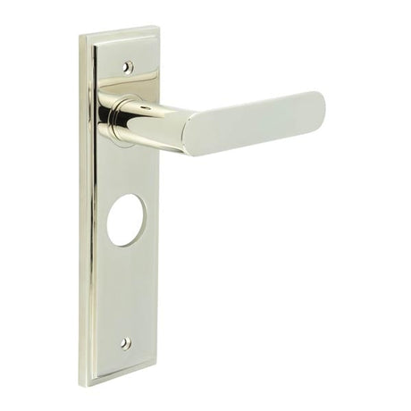 This is an image showing the Frelan - Kensington Door Handle Bathroom Backplate Polished Nickel available to order from Trade Door Handles in Kendal