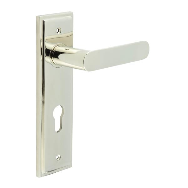 This is an image showing the Frelan - Kensington Door Handle Din Euro Backplate Polished Nickel available to order from Trade Door Handles in Kendal