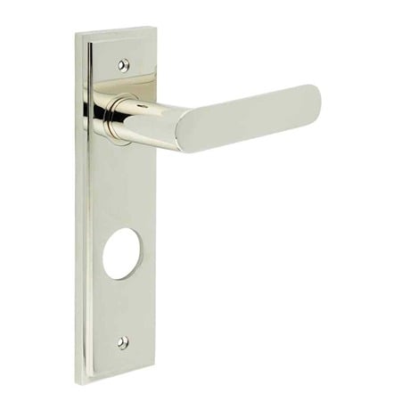 High quality image of Burlington - Kensington Door Handle Din Bathroom Backplate Polished Nickel Sku. BUR25KIT169