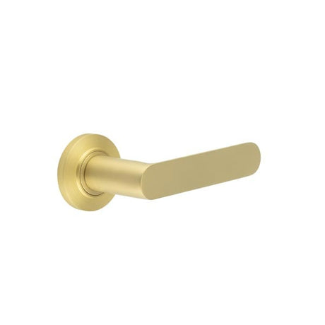 This is an image showing the Frelan - Kensington Door Handles Chamfered Rose Satin Brass available to order from Trade Door Handles in Kendal