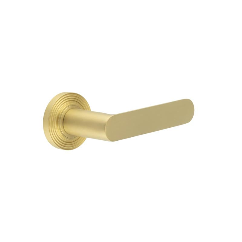 This is an image showing the Frelan - Kensington Door Handles Reeded Rose Satin Brass available to order from Trade Door Handles in Kendal