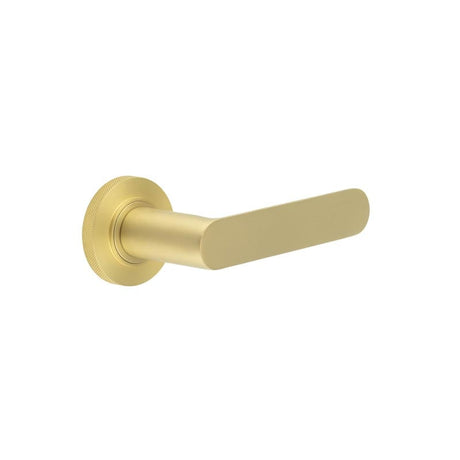 This is an image showing the Frelan - Kensington Door Handles Knurled Rose Satin Brass available to order from Trade Door Handles in Kendal