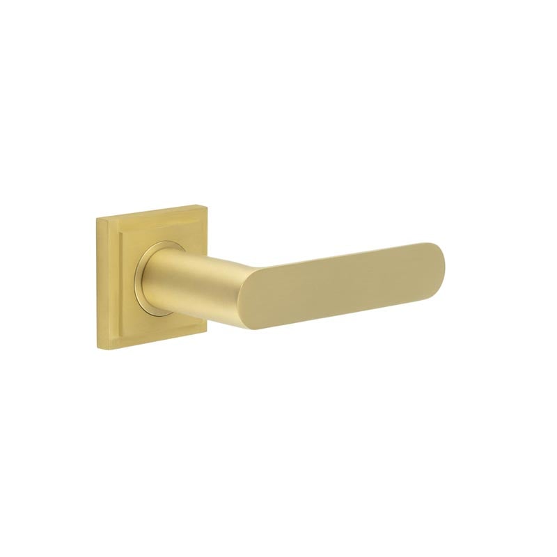 This is an image showing the Frelan - Kensington Door Handles Square Stepped Rose Satin Brass available to order from Trade Door Handles in Kendal