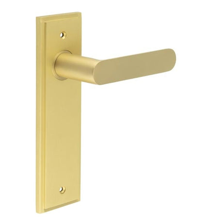 This is an image showing the Frelan - Kensington Door Handle Latch Backplate Satin Brass available to order from Trade Door Handles in Kendal