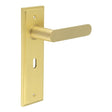 This is an image showing the Frelan - Kensington Door Handle Lock Backplate Satin Brass available to order from Trade Door Handles in Kendal