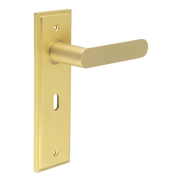 This is an image showing the Frelan - Kensington Door Handle Lock Backplate Satin Brass available to order from Trade Door Handles in Kendal