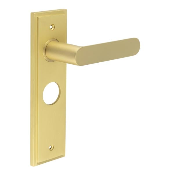 This is an image showing the Frelan - Kensington Door Handle Bathroom Backplate Satin Brass available to order from Trade Door Handles in Kendal